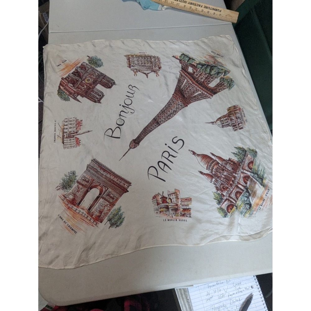 Vintage 30x30 Paris Souvenir Scarf - Large Mid-Century French Landmark Scarf MCM - Picture 4 of 12
